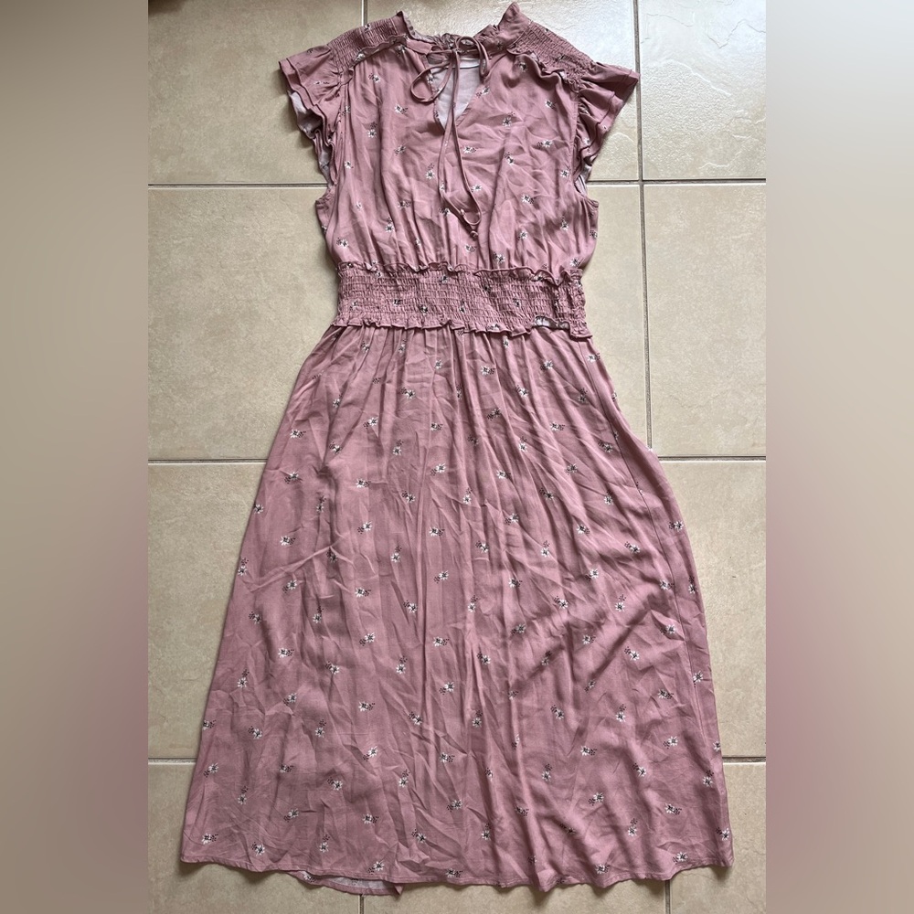 CES FEMME Women’s M Pink Floral Print Ruffle Short Sleeve Smocking Waist Dress